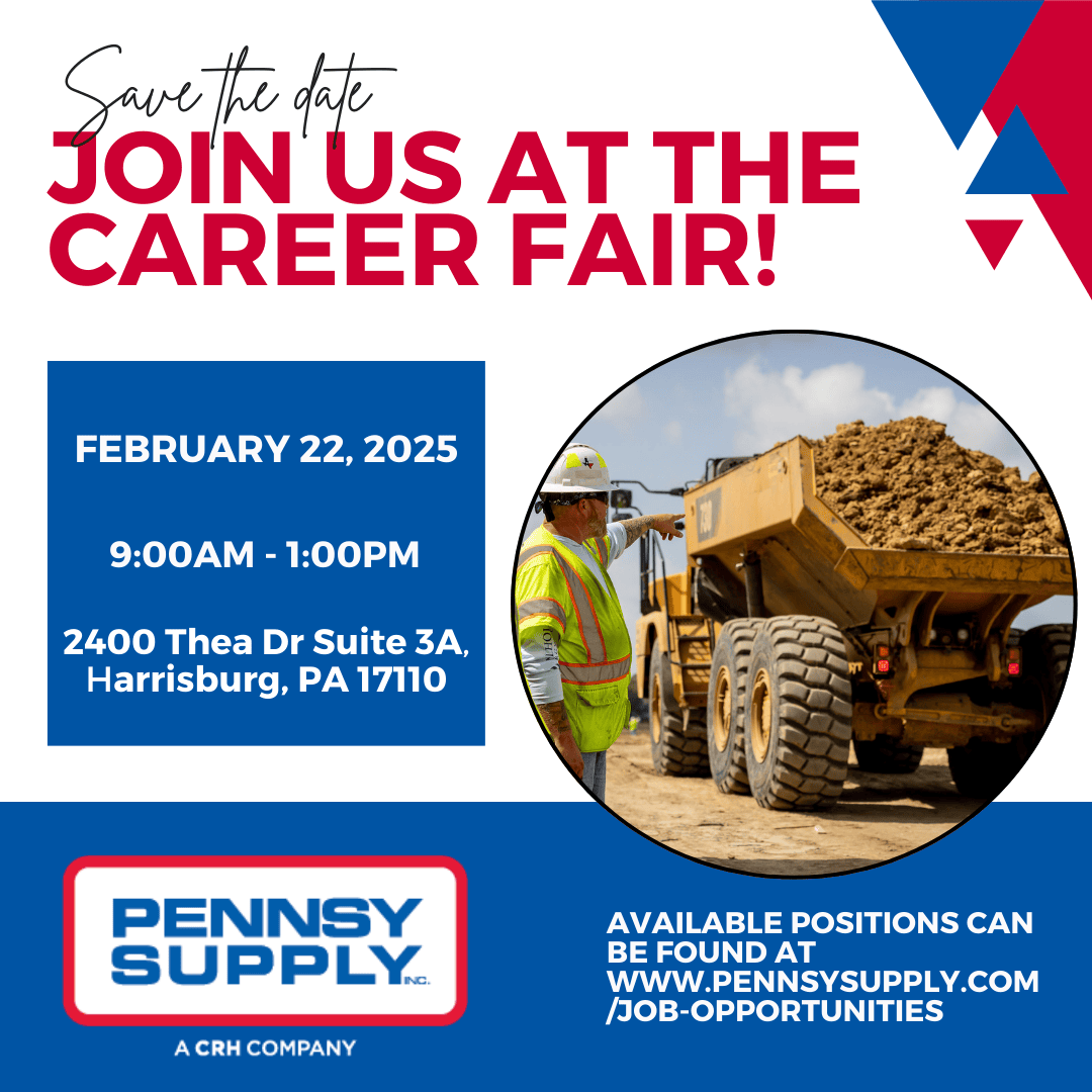 Career Fair February 22, 2025. Pennsy Supply has careers that rock. Tons of job opportunities available. Best places to work for cdl drivers, maintenance, construction, equipment, operators, laborers, etc.